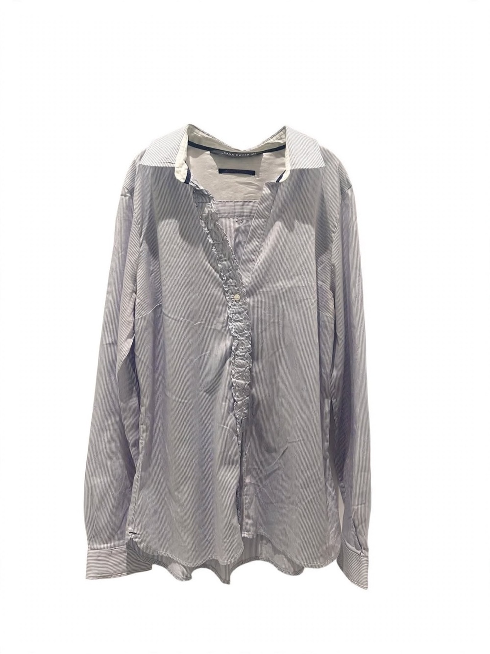 Zara Light Blue White Pinstripe Ruffle Shirt Long Sleeve Button Cuff S